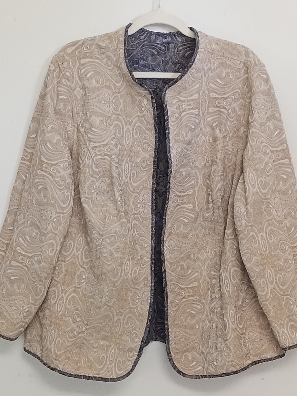 Catherines 2X Reversible Paisley Tapestry Brocade Navy Beige Open Front Jacket